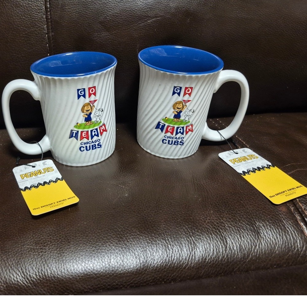 2 Peanuts Snoopy Team Chicago Cubs Swirl Mugs 15oz Blue White New With Tags